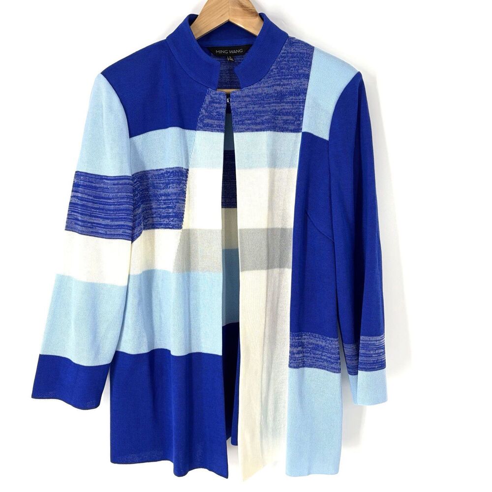 Ming Wang Sweater Size Large Blue Open Front Colorblock Knit Cardigan 3/4 Sleeve